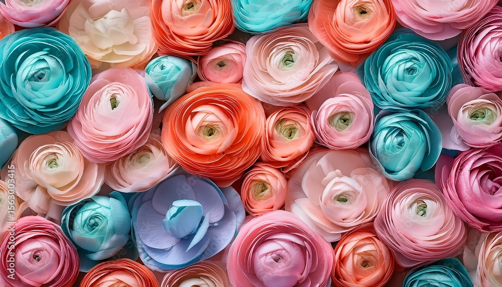 Top view of pastel color lilac, turquoise and coral buttercup flowers pattern. Generated image Top view of pastel color lilac, turquoise and coral buttercup flowers pattern. Generated image