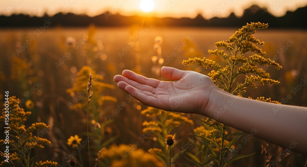 Fototapeta premium Reaching Hand in Golden Sunset, Touching Nature's Beauty and Warmth