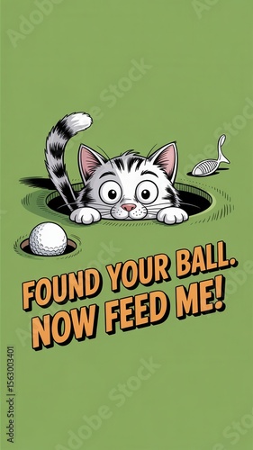 Humorous birthday greeting card featuring a playful cat reminding you to feed it after finding a golf ball. National Golf Month