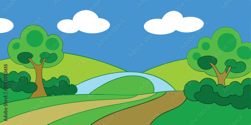 Fototapeta premium A vibrant summer landscape vector illustration with green hills, trees, and a clear sky with clouds
