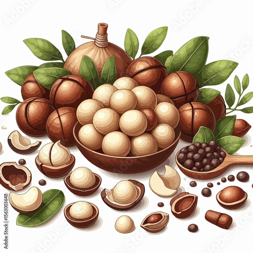 Vibrant display of various macadamia nuts,  from whole to shelled, and pieces, with spices and leaves, in a creative arrangement on a white background.