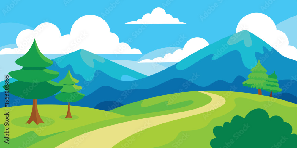 Obraz premium Serene summer mountain landscape with green trees, a clear blue sky, and a flowing river