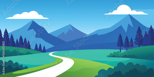 A vibrant mountain landscape under a blue sky, with the sun rising over green hills and a tranquil lake reflecting the clouds