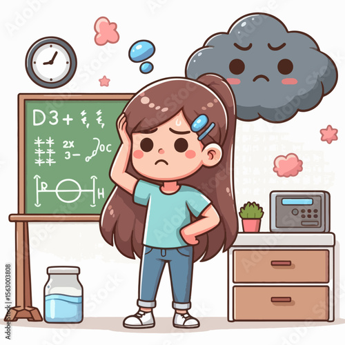 Young girl, appearing perplexed and troubled, stands in a classroom setting, seemingly struggling with a complex academic concept.  Her facial expression and posture suggest difficulty.