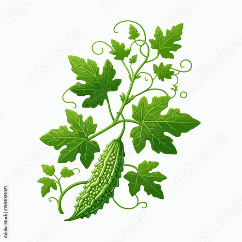 Vibrant illustration of a bitter melon plant, featuring intricate leaves and vines, presented in a visually appealing composition against a plain white background.