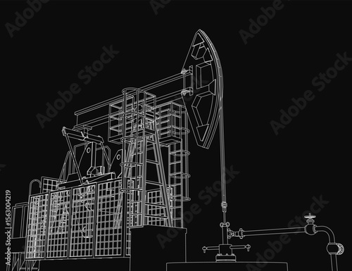 A black and white drawing of an oil pump jack features a cylindrical machine with a handle, nozzle, and spout. The detailed industrial equipment stands against a dark background with a sturdy metal.