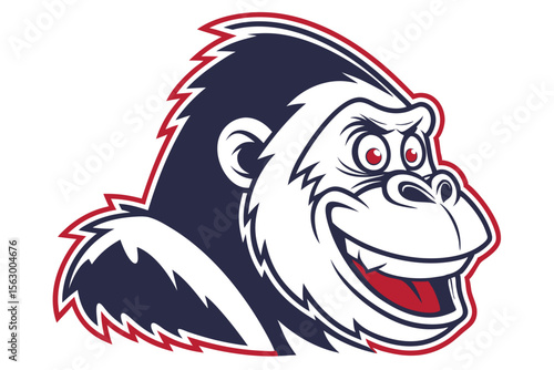 Cartoon gorilla smiles fiercely with bright red eyes and a menacing grin face