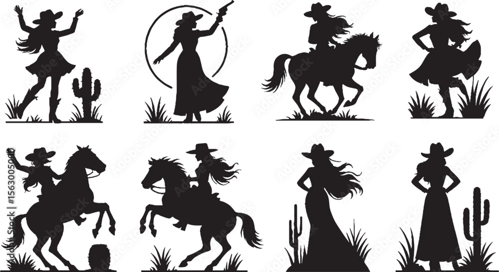 Fototapeta premium Cowgirl silhouettes western desert scenes cowboy hat