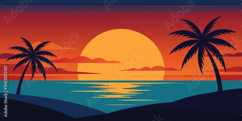 Tropical sunset on a serene beach with palm trees silhouetted against the vibrant sky and calm ocean
