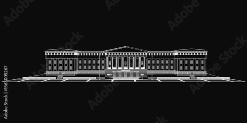 A detailed blueprint of the White House features intricate architectural elements like windows, columns, and roof design on a black background. The technical drawing resembles museum-quality.