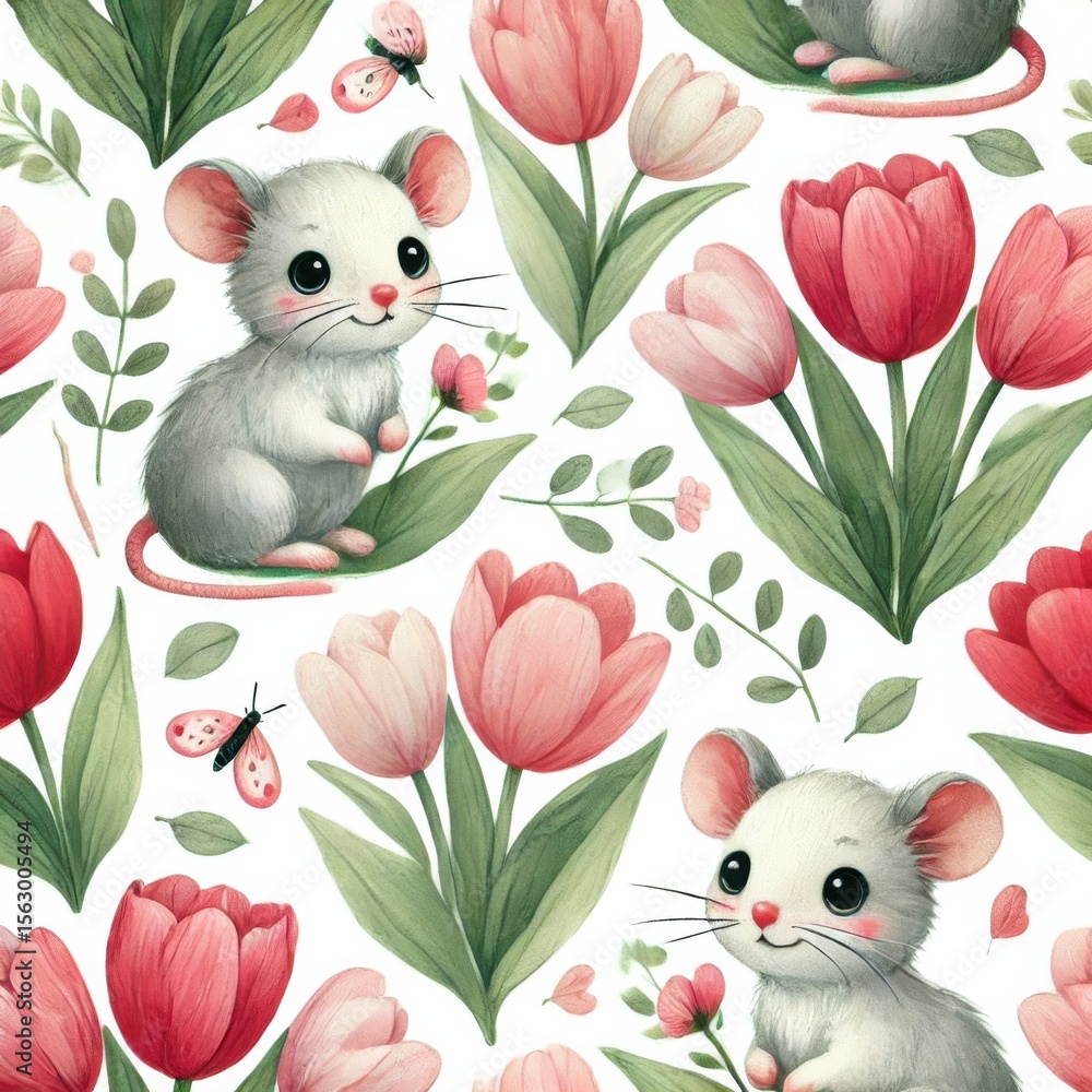 Fototapeta premium Seamless pattern of cartoon mice with pink tulips, green leaves and ladybugs on white background. Watercolor illustration.