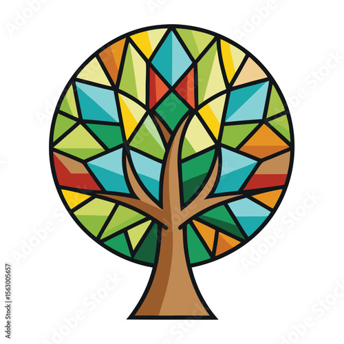 A unique vector icon of a tree in a colorful, geometric stained-glass style, perfect for art and craft-themed digital projects.