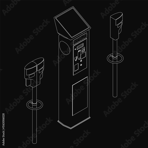 A sleek black and white isometric parking meter stands on a black background with two symmetrical poles. The modern design features a glossy finish and clean lines.