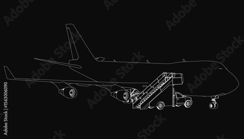 A black and white passenger plane with an attached truck stands out against a dark background, creating a surreal aviation concept. The detailed drawing features clean lines and a striking contrast.