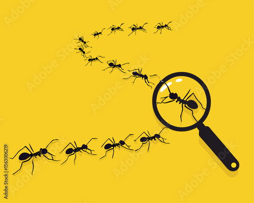 Magnifying glass with marching ants over yellow background. Vector flat illustration.