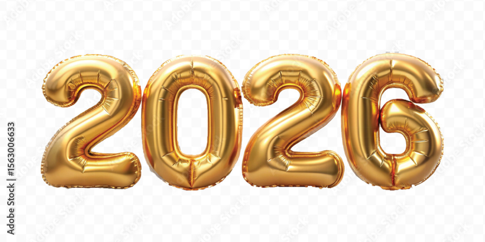 realistic 3d 2026 text made with different gold colour hellium balloon isolated on transparent background realistic 3d 2026 text made with different gold colour hellium balloon isolated on transparent background