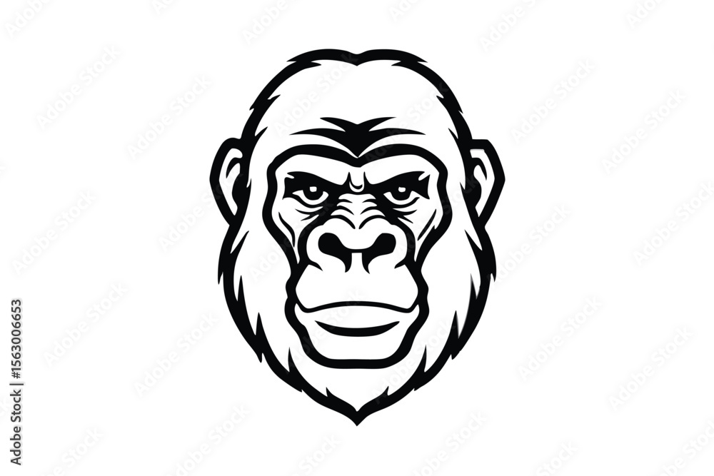 Aggressive gorilla face roaring with sharp teeth is outlined in black and white Aggressive gorilla face roaring with sharp teeth is outlined in black and white