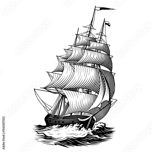 Classic black and white engraving of a tall ship, like a galleon, sailing rough seas.