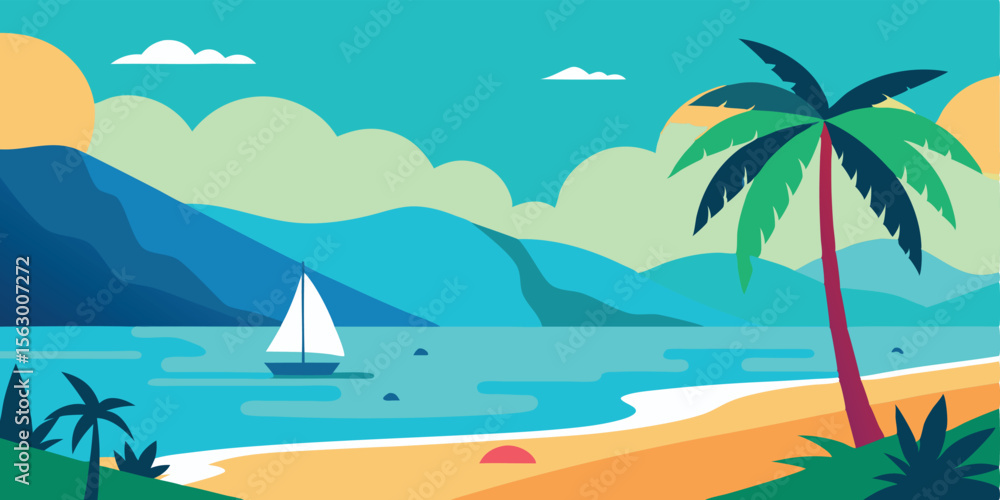 Obraz premium Tropical island vector illustration featuring a beach, palm trees, and the ocean under a summer sky, perfect for a vacation landscape