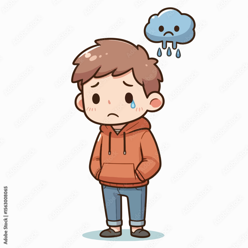Digital illustration of a young person appearing unhappy, depicted with simple lines and soft colors. A sad cloud and rain are above the figure. Digital illustration of a young person appearing unhappy, depicted with simple lines and soft colors. A sad cloud and rain are above the figure.