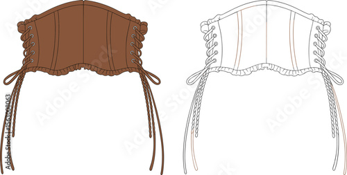 CAD drawing flat vector illustration of lace-up corsets, brown and white colorway, ruffled edge detailing, garment accessory design, fashion sketch template, front view stylish layout