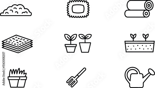 Gardening and Planting Icon Set Featuring Soil, Pots, Plants, Watering Can, and Garden Tools in Clean Line Art Style