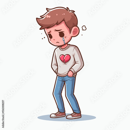 Digitally illustrated cartoon boy, displaying a sorrowful expression, wearing casual clothing, and holding a broken heart, conveying a sense of heartbreak and emotional distress.