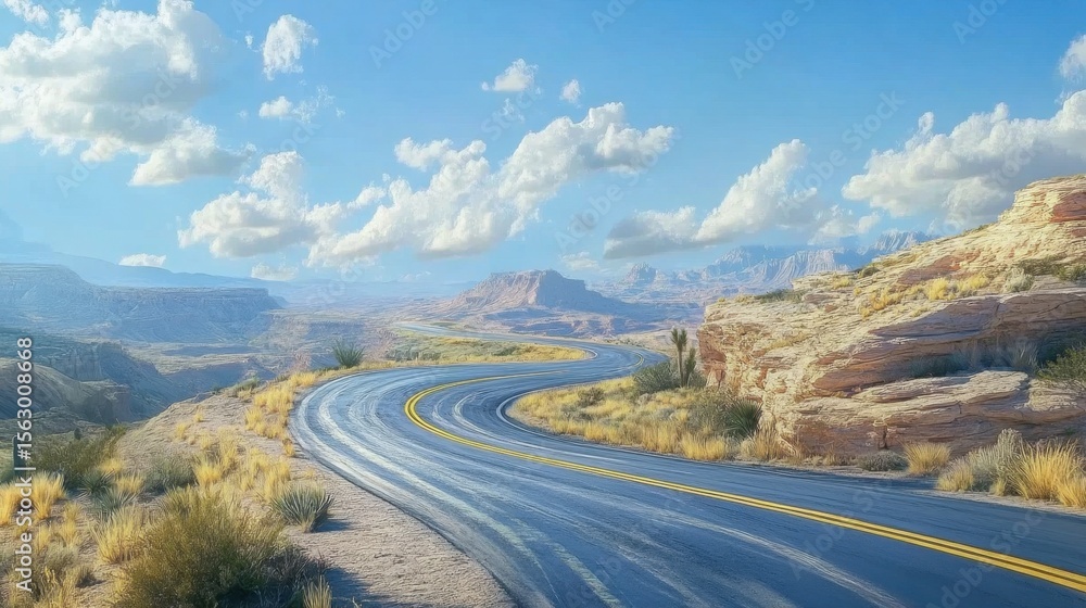 Winding road cutting through desert landscape with blue sky and scattered clouds above the horizon Winding road cutting through desert landscape with blue sky and scattered clouds above the horizon