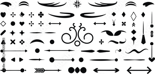 Vector Image of Decorative Design Elements: Flourishes, Arrows, Hearts, Diamonds, Stars, and Dividers for Graphic Design Projects