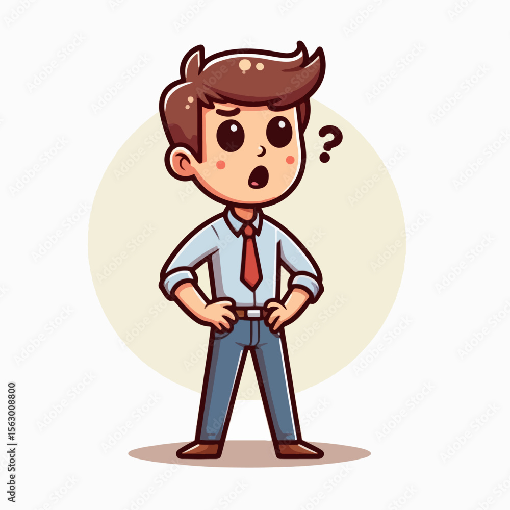 Cartoon depiction of a young boy in business clothes, appearing curious and questioning. Cartoon depiction of a young boy in business clothes, appearing curious and questioning.