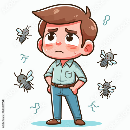 Cartoon illustration of a young man who appears distressed or uncomfortable, surrounded by several flying insects.