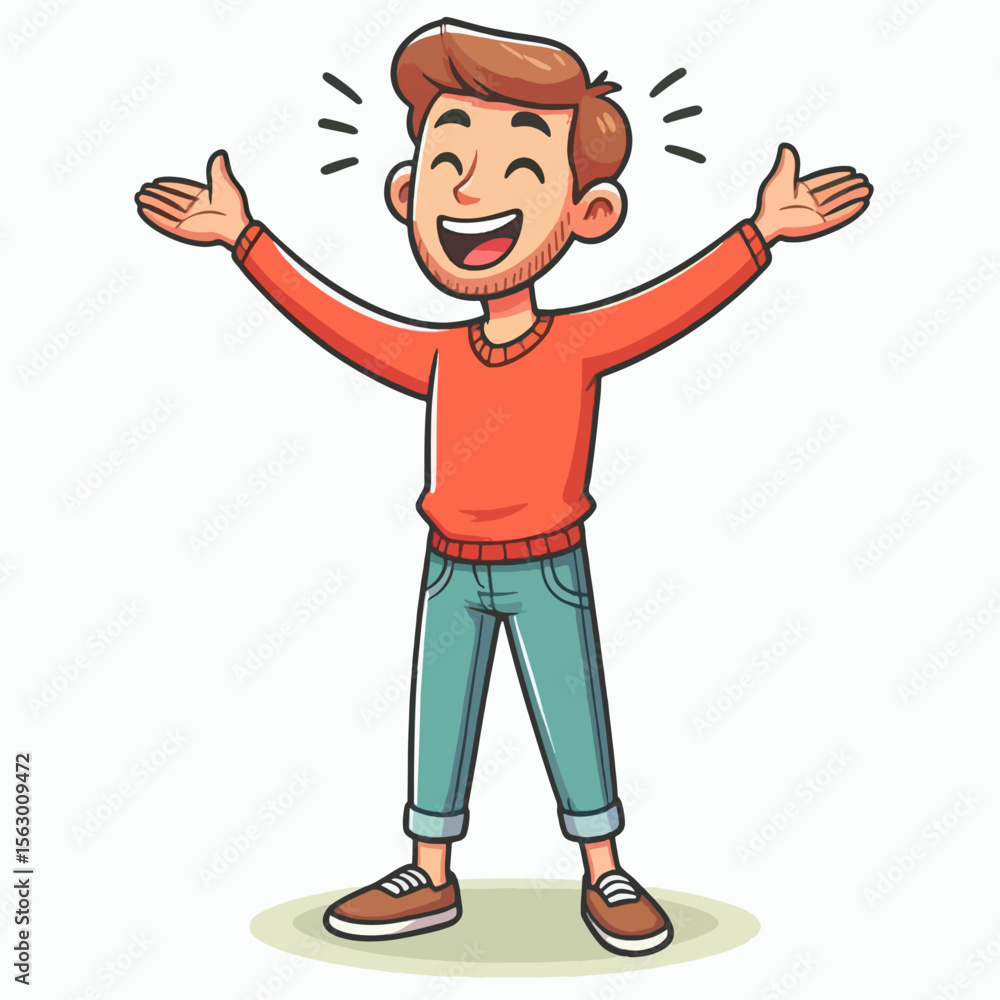 Fototapeta premium Cartoon drawing of a young man with a joyful expression, arms outstretched, conveying happiness and enthusiasm.