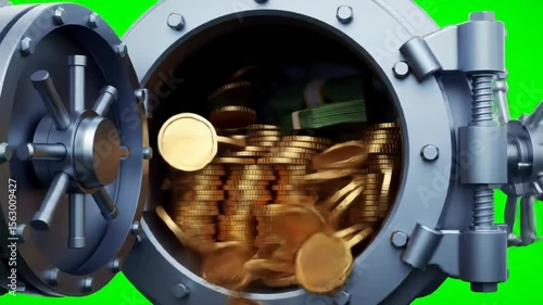 Opening Metal Vault Door Revealing Gold Coins on Green Screen