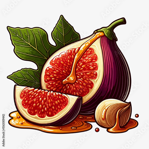 Vibrant image of sliced figs drizzled with honey and accompanied by a hazelnut. The illustration showcases the fruit's detailed texture and the honey's smooth consistency.