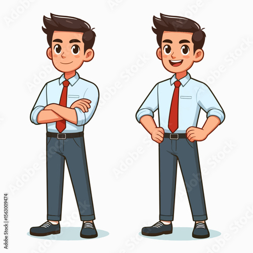 Two cartoon characters,  male figures dressed in business attire,  depicted in different poses,  against a plain background.