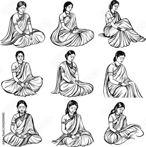 Collection of Indian women in traditional sarees meditating in various seated yoga poses