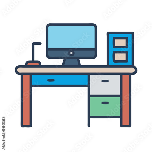 Office desk with computer illustration in cute cartoon style