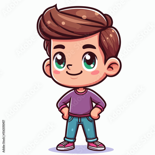 Digitally rendered cartoon depiction of a young boy, smiling and poised, wearing casual clothing.