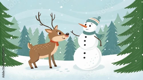 Adorable Christmas Deer and Snowman Animated Illustration