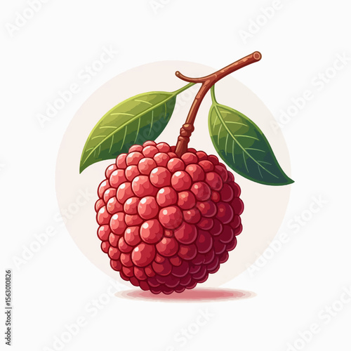 Digital illustration showcases a single, vibrant red rambutan fruit with lush green leaves. The fruit's bumpy texture and the soft light highlight the healthy and sweet appearance.
