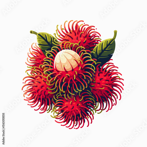 Detailed illustration of a bunch of rambutan fruit, with a vibrant color scheme and meticulous depictions of the fruit's texture.