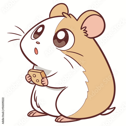 A cute hamster holds a piece of cheese isolated on white background