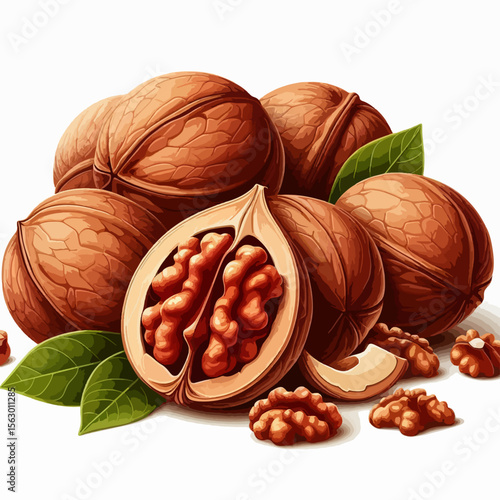 Collection of walnuts, whole and halved, with vibrant green leaves displayed in a digital illustration, on a plain white background.  A detailed visual of the nut's texture and composition.