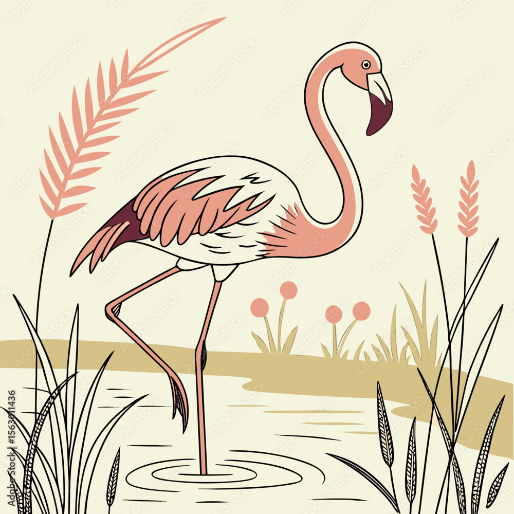 Fototapeta premium A pink flamingo stands in the water among reeds and plants