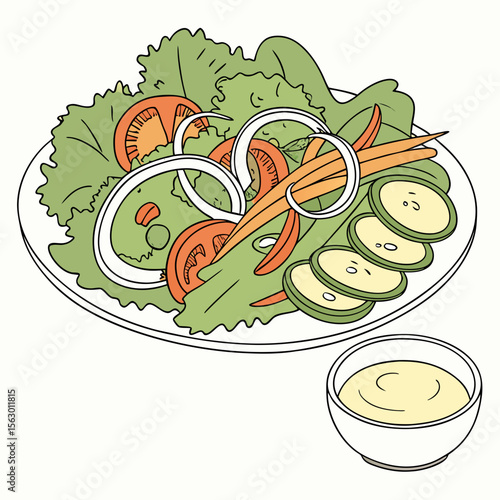A fresh salad with dressing isolated on white background