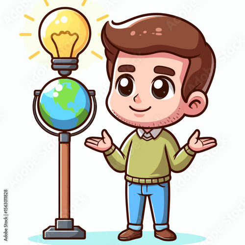 Cartoon illustration of a happy person with a globe and lightbulb, displaying a sense of enlightenment and insight.