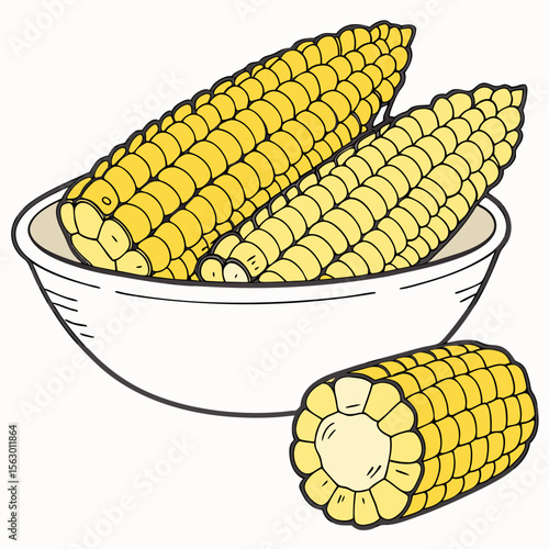 Three ears of corn are in a white bowl isolated on white background