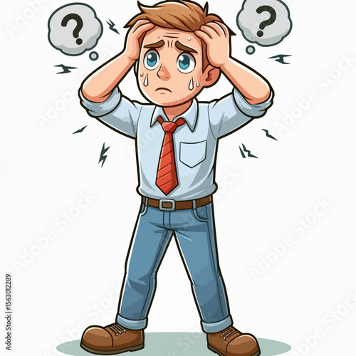 Cartoon illustration of a young man experiencing uncertainty and stress, depicted with a concerned expression and his hands on his head.