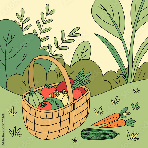 A basket filled with vegetables in a garden with carrots and zucchini