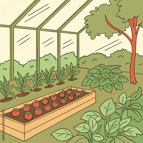 Tomatoes growing in a greenhouse surrounded by lush greenery